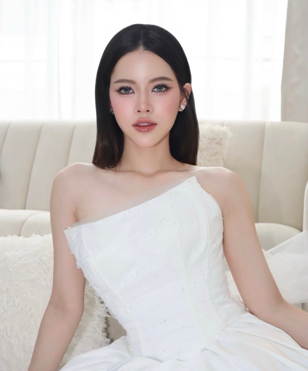 Thai bridal hair and makeup Bangkok — lace wedding dress with soft updo by Ploy