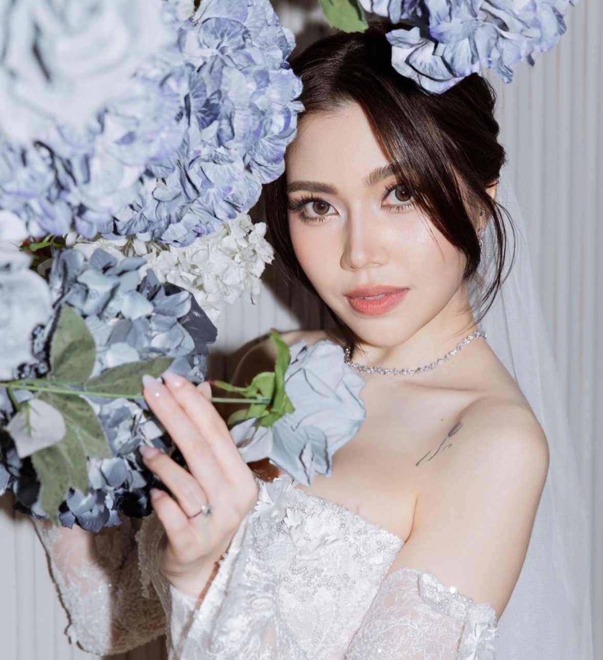 Wedding makeup Bangkok — strapless gown bridal look with diamond accessories